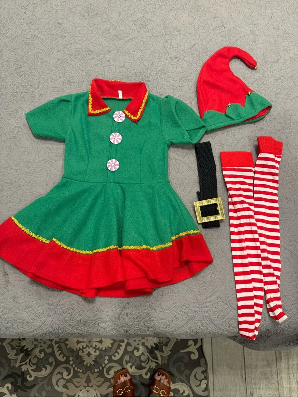Girls' Green & Red Elf Costume with Striped Tights and Hat